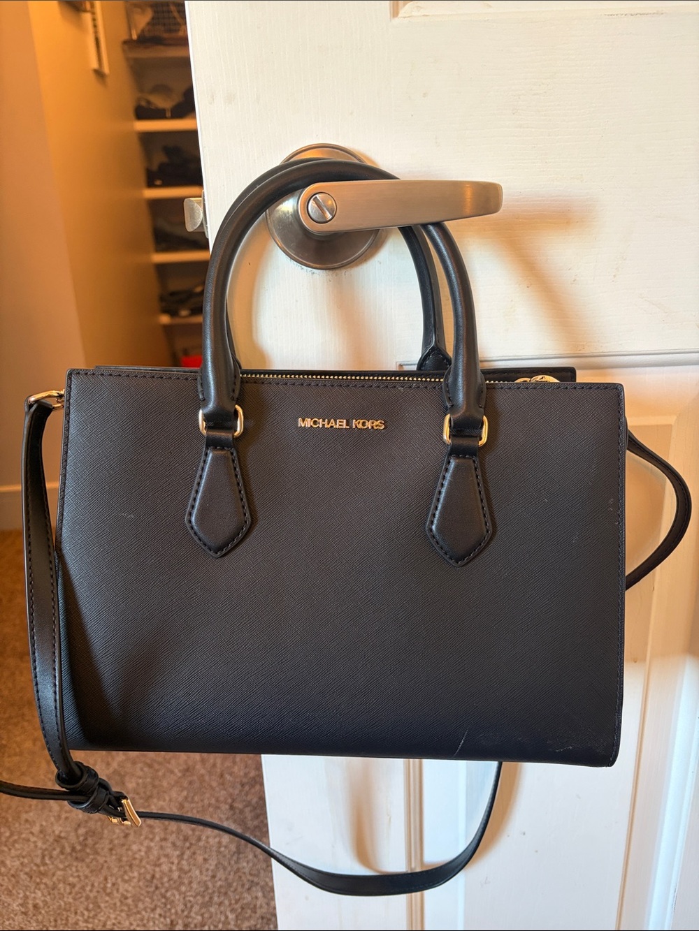 Michael Kors Black Saffiano Satchel with Gold Logo